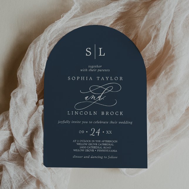 Invitation SOPHIA Arc Bleu foncé Monogramme Simple Mariage de (SOPHIA Arch Dark Blue Monogram Simple Navy Wedding Invitation)