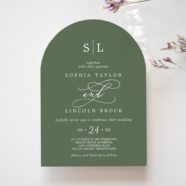 Invitation SOPHIA Arc Monogramme Bois Olive Green Mariage (SOPHIA Arch Monogram Woodland Olive Green Wedding Invitation)