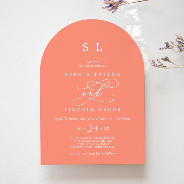 Invitation SOPHIA Arch Bright Coral Peach Sunset Mariage (SOPHIA Arch Bright Coral Peach Sunset Wedding Invitation)