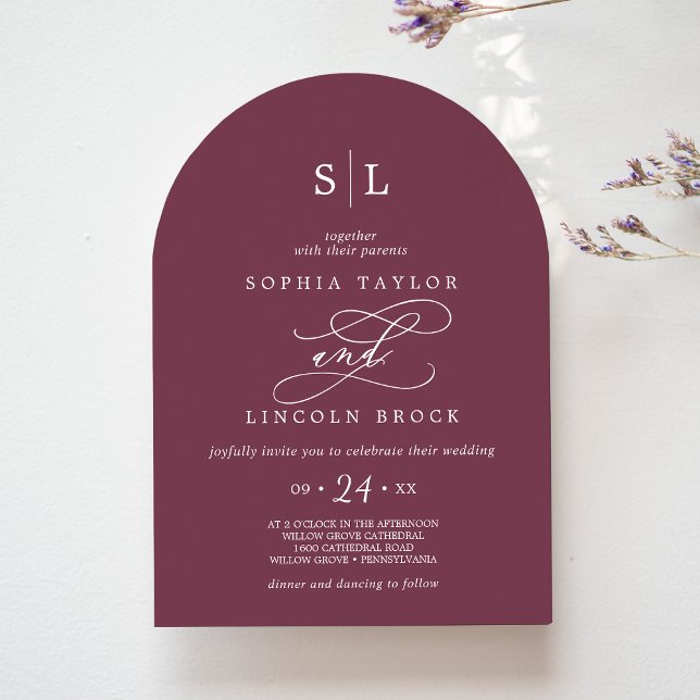 Invitation SOPHIA Arch Maroon Rouge Monogramme Automne Mariag (SOPHIA Arch Maroon Red Monogram Autumn Wedding Invitation)
