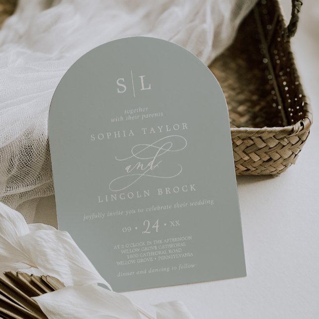 Invitation SOPHIA Arch Monogramme Dusty Sage Gris Vert Mariag (SOPHIA Arch Monogram Dusty Sage Gray Green Wedding Invitation)