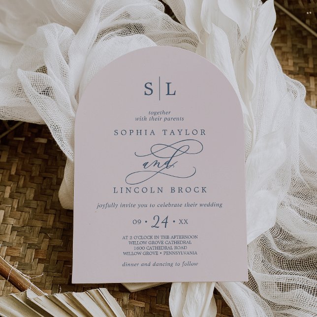 Invitation SOPHIA Arch Monogramme rose Blush et Mariage de ma (SOPHIA Arch Monogram Pink Blush and Navy Wedding Invitation)