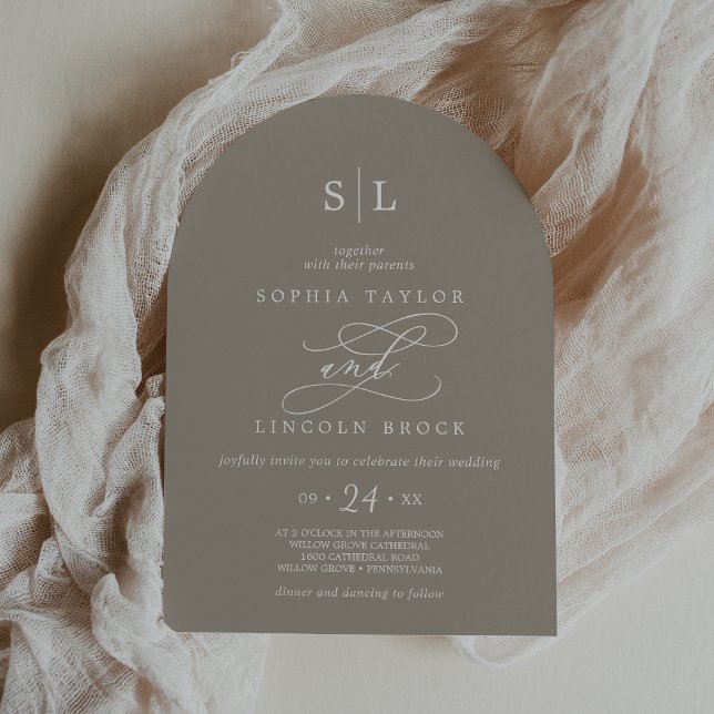 Invitation SOPHIA Arch Rustique Taupe Élégant Mariage Monogra (SOPHIA Arch Rustic Taupe Elegant Monogram Wedding Invitation)