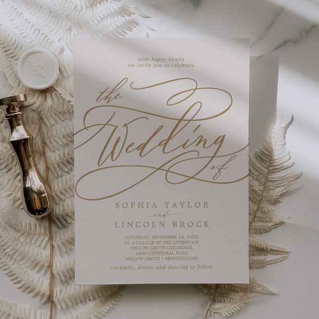 Invitation SOPHIA Gold Cream Élégant Mariage de script fantai (SOPHIA Gold Cream Elegant Fancy Script Wedding Invitation)