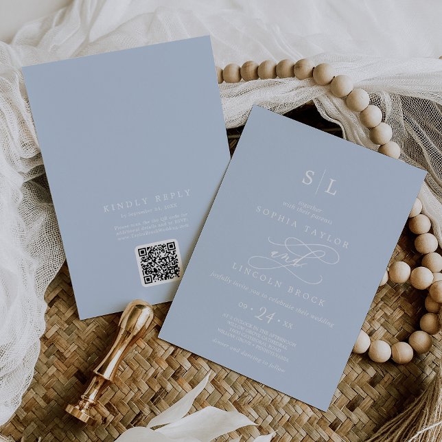 Invitation SOPHIA Moderne Bleu Bébé Tout en un Mariage (SOPHIA QR Code Modern Baby Blue All In One Wedding Invitation)