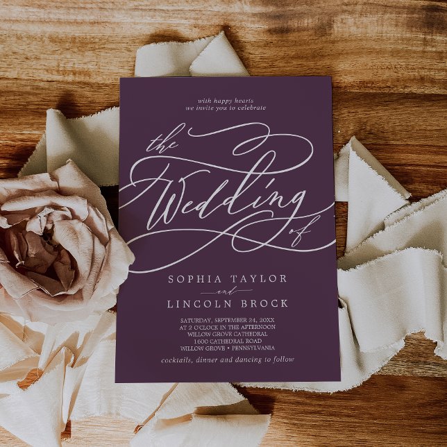 Invitation SOPHIA Plum foncé Simple violet Mariage classique (SOPHIA Dark Plum Simple Purple Classic Wedding Invitation)