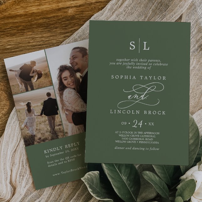 Invitation SOPHIA QR 3 Photo Olive Green All In One Mariage (SOPHIA QR 3 Photo Olive Green All In One Wedding Invitation)