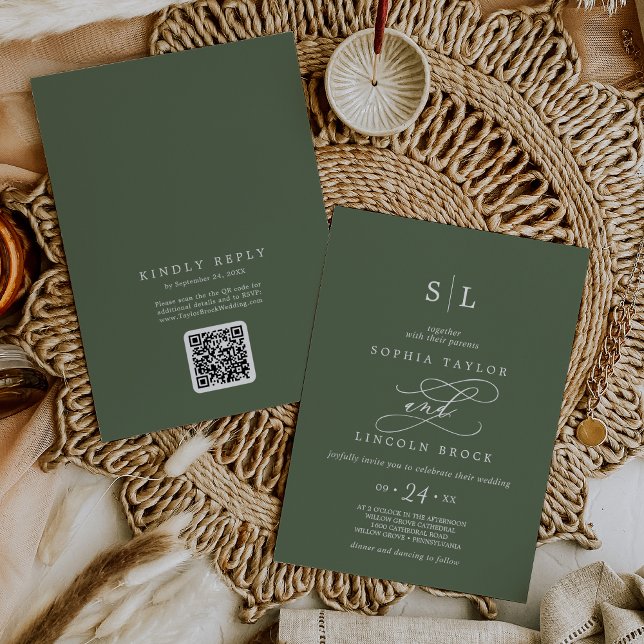 Invitation SOPHIA QR Code Boho Olive Green Tout en un Mariage (SOPHIA QR Code Boho Olive Green All In One Wedding Invitation)