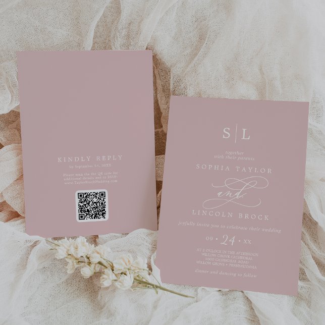 Invitation SOPHIA QR Code Chic Blush Pink Tout en un Mariage (SOPHIA QR Code Chic Blush Pink All In One Wedding Invitation)