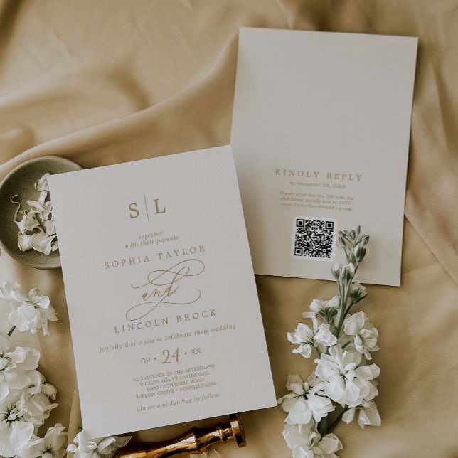Invitation SOPHIA QR Code Gold Cream Chic Tout en un Mariage (SOPHIA QR Code Gold Cream Chic All In One Wedding Invitation)