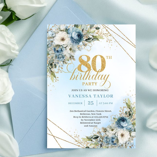 Invitation Sophisticated 80th Birthday Invite Dusty Blue Gold (Sophisticated 80th Birthday Invite Dusty Blue Watercolor)