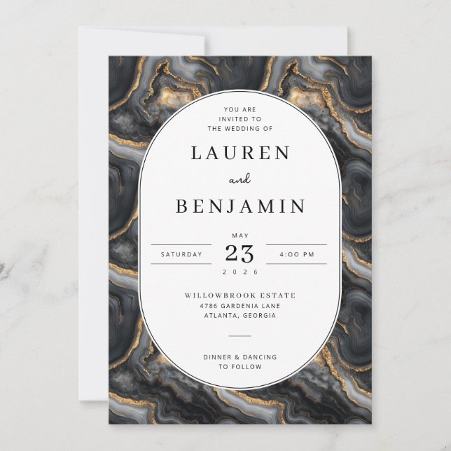 Invitation Sophisticated Black and Gold Marble (Devant)