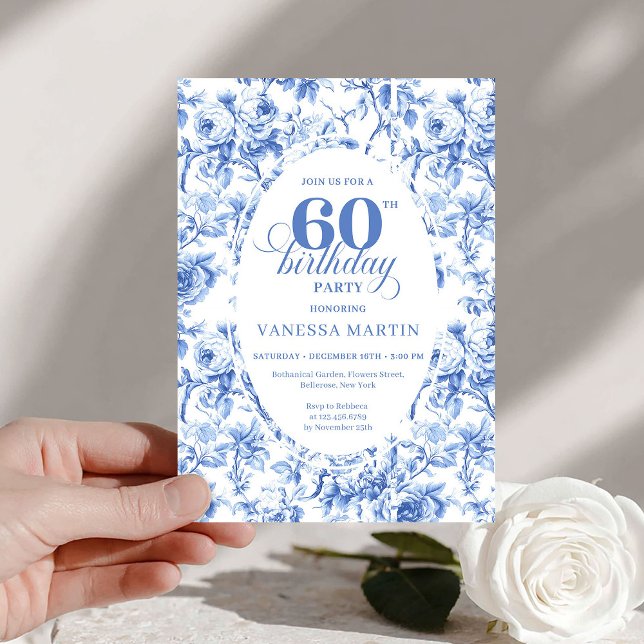Invitation Sophisticated Blue Roses Floral Toile 60 Birthday (Sophisticated Blue Roses Floral Toile 60th Birthday)