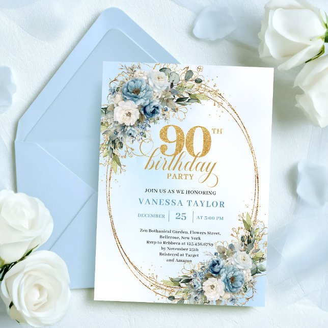 Invitation Sophisticated Bohemian Blue Floral Gold 90th Bday (Sophisticated Bohemian Blue Floral Gold 90th Birthday)