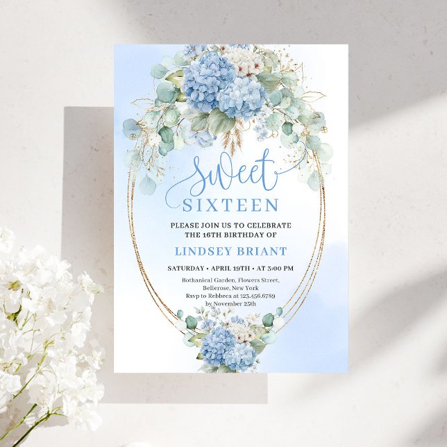 Invitation Sophisticated Bohemian Blue Floral Gold Sweet 16 (Sophisticated Bohemian Blue Floral Gold Sweet 16)