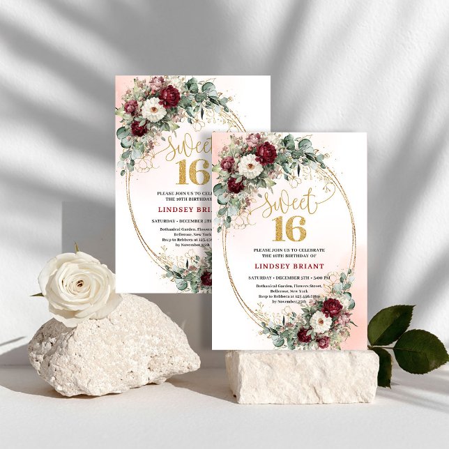 Invitation Sophisticated Bohemian Maroon Floral Gold Sweet 16 (Sophisticated Bohemian Maroon Floral Gold Sweet 16)