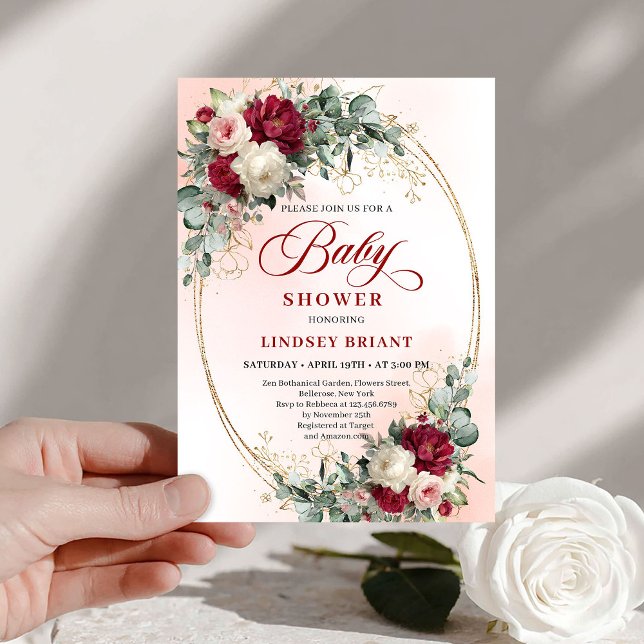 Invitation Sophisticated Boho Marsala Floral Gold Baby Shower (Sophisticated Boho Marsala Floral Gold Baby Shower Invitation)