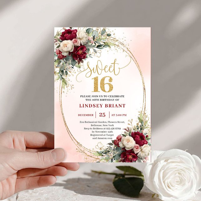 Invitation Sophisticated Boho Marsala Gold Floral Sweet Sixte (Sophisticated Boho Marsala Gold Floral Sweet Sixteen)