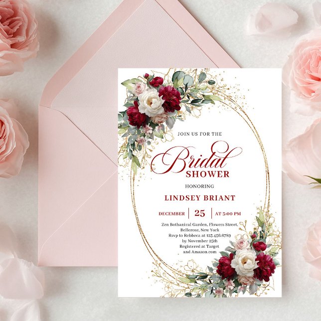 Invitation Sophisticated Burgundy Blush Floral Gold Shower  (Sophisticated Burgundy Blush Floral Gold Shower Invite)