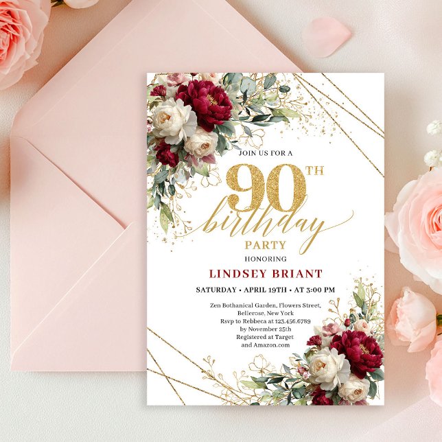 Invitation Sophisticated Burgundy Floral Gold 90th Birthday   (Sophisticated Burgundy Floral Gold 90th Birthday Invite)