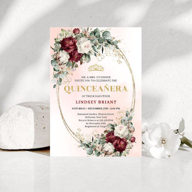 Invitation Sophisticated Burgundy Floral Gold Quince Invite (Sophisticated Burgundy Floral Gold Quince Invitation)