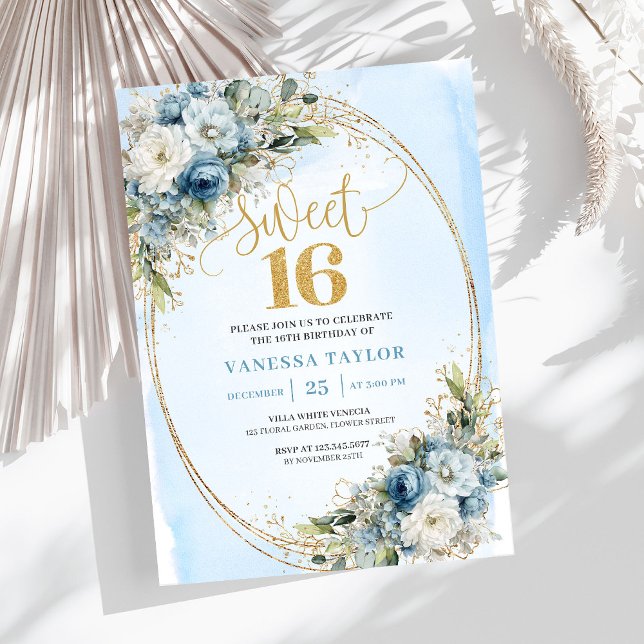 Invitation Sophisticated Dusty Blue Gold Sweet Sixteen Invite (Sophisticated Dusty Blue Gold Sweet Sixteen Invite)
