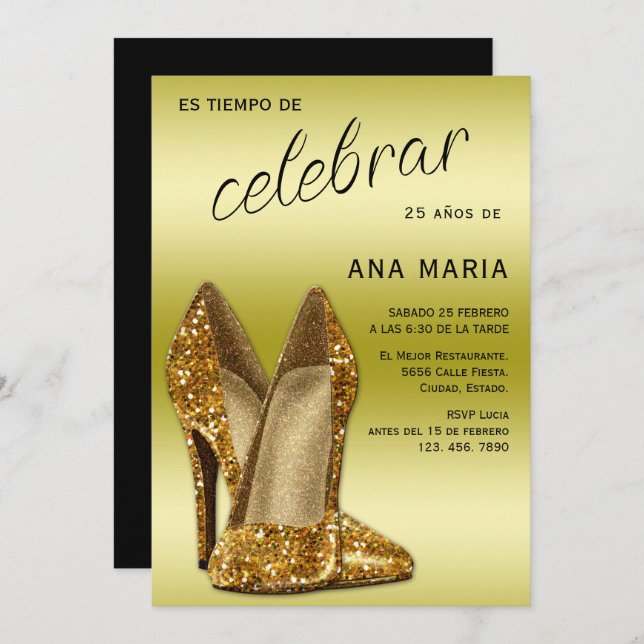 Invitation Sophisticated Gold Spanish Feminine Birthday  (Devant / Derrière)