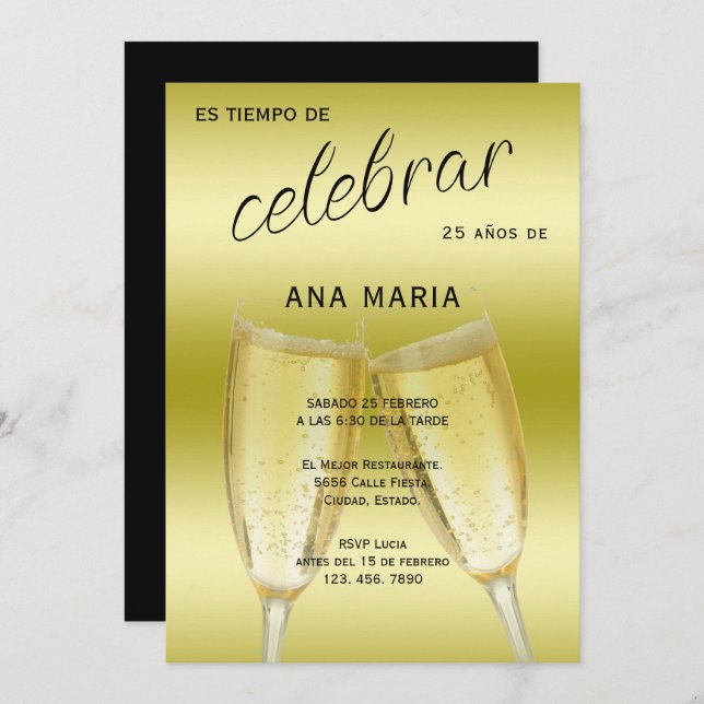 Invitation Sophisticated Gold Spanish Feminine Birthday  (Devant / Derrière)