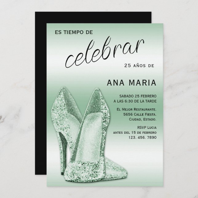 Invitation Sophisticated Green Spanish Feminine Birthday  (Devant / Derrière)