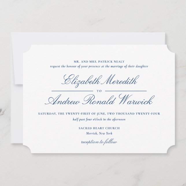 Invitation Sophisticated Navy Blue and White Lace Script (Devant)
