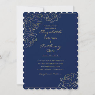 Invitation Sophisticated navy blue gold peony floral Wedding