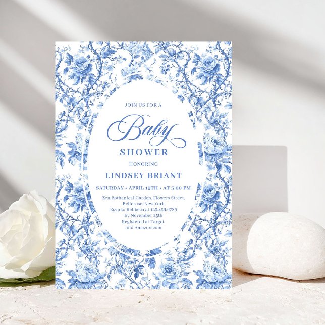Invitation Sophisticated Navy Toile Rose Baby Shower Invite (Sophisticated Navy Toile Rose Baby Shower Invite)