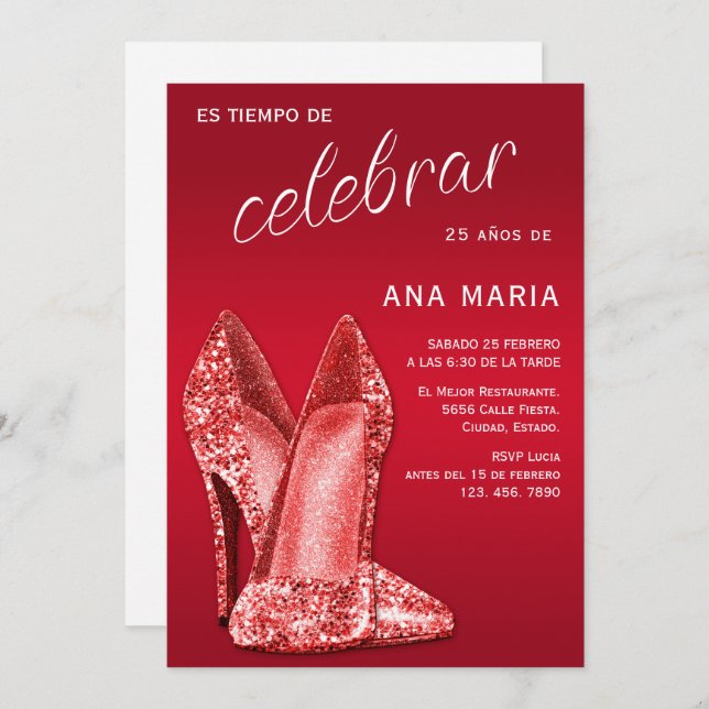 Invitation Sophisticated Red Spanish Feminine Birthday  (Devant / Derrière)