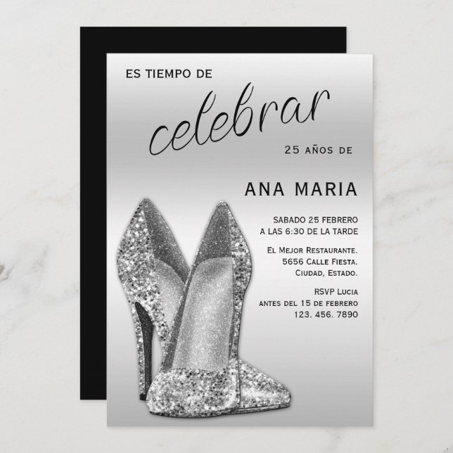Invitation Sophisticated Silver Spanish Feminine Birthday  (Devant / Derrière)