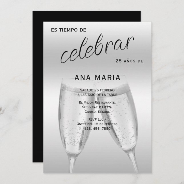Invitation Sophisticated Silver Spanish Feminine Birthday  (Devant / Derrière)