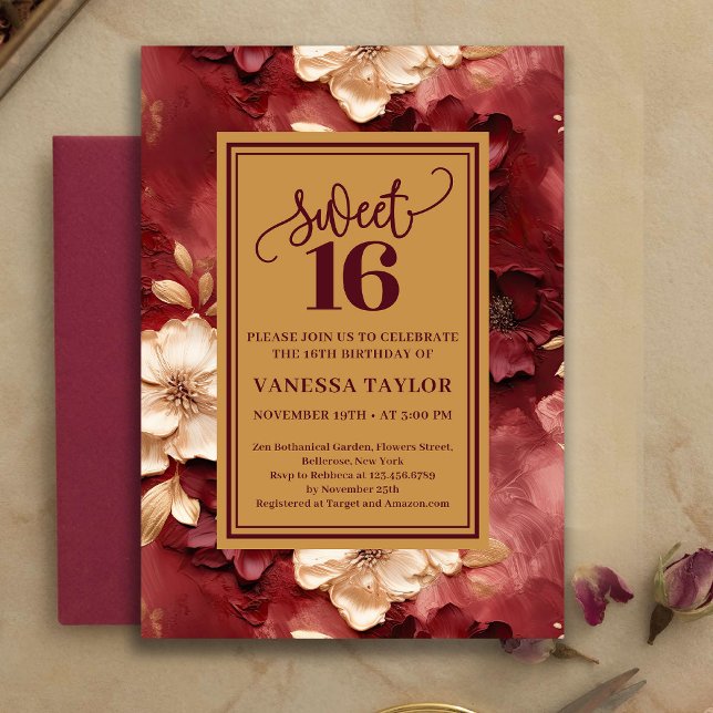 Invitation Sophisticated Sweet 16 Burgundy Gold Floral Invite (Sophisticated Sweet 16 Burgundy Gold Floral Invite)