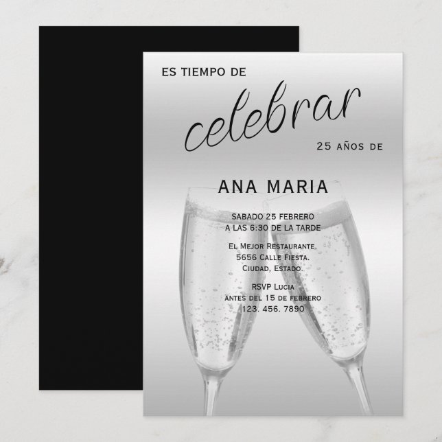 Invitation Sophistiqué Argent Anniversaire Féminin Espagnol  (Devant / Derrière)