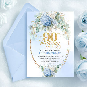 Invitation Sophistiqué Boho Bleu Floral Or 90e Anniversaire