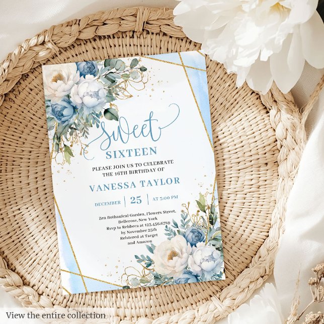 Invitation Sophistiqué Dusty Bleu Peonies Blancs Douce 16 (Sophisticated Dusty Blue White Peonies Sweet 16 Invitation)