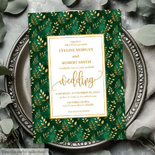 Invitation Sophistiqué Emerald Green Gold Foliage Mariage
