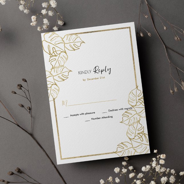 Invitation Sophistiqué or blanc feuillage tropical RSVP (Sophisticated white gold tropical foliage RSVP)