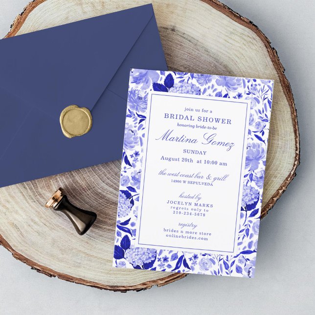 Invitation Sophistiqué Royal Blue Floral Fête des mariées (Créateur téléchargé)