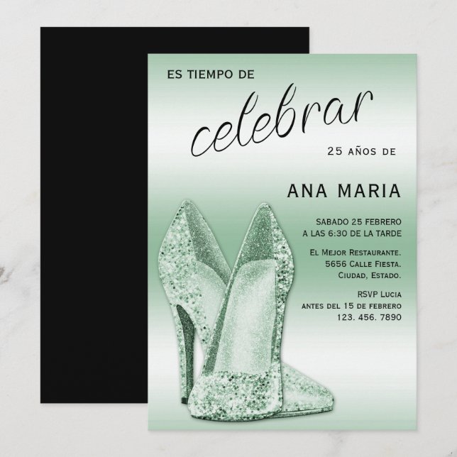 Invitation Sophistiqué Vert Féminin Anniversaire Espagnol  (Devant / Derrière)