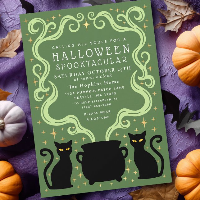 Invitation Sorcier Verte Chat Noir Chaudron Fête Halloween (Créateur téléchargé)