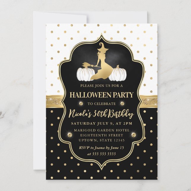 Invitation Sorcière avec anniversaire à pois noirs et blancs (Devant)