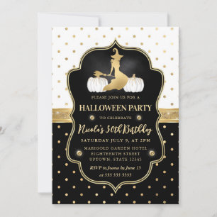 Invitation Sorcière avec anniversaire à pois noirs et blancs
