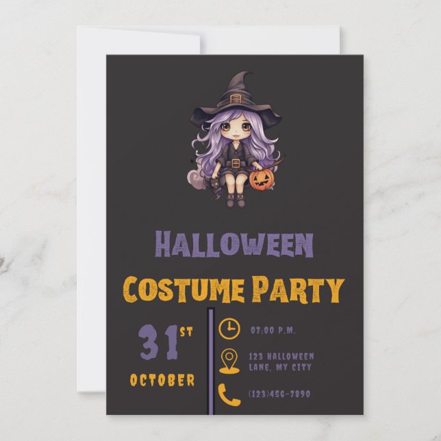 Invitation Sorcière avec citrouille d'Halloween noire (Devant)