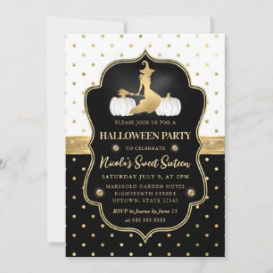 Invitation Sorcière avec pois noirs et blancs Sweet 16
