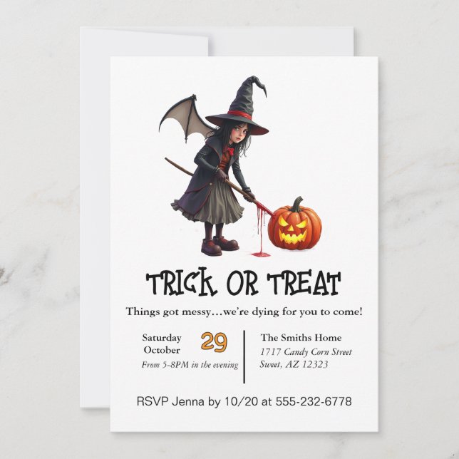 Invitation Sorcière avec un traitement de trick or treat déso (Devant)