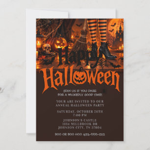 Invitation Sorcière Bottes Balai Citrouille Halloween